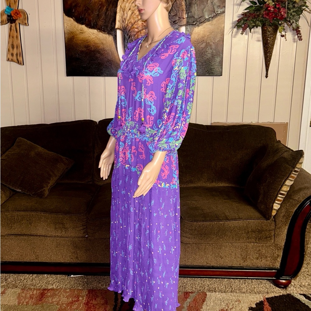Diane Freis • Vintage • Large • Purple/Pink W/ Ribbon Design~Ruffles/Tie • Dress - Picture 14 of 15